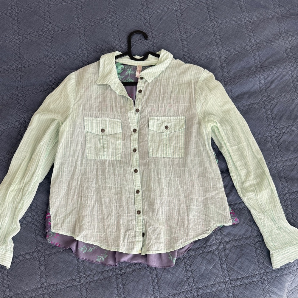 Free People Green Patterned Shirt
